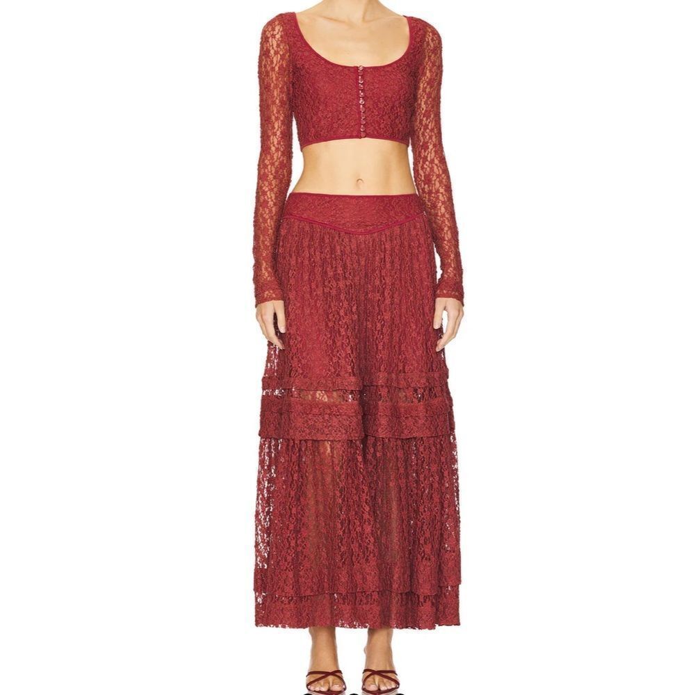 Free People Arcana Lace Top & Skirt Set in Marsala Combo